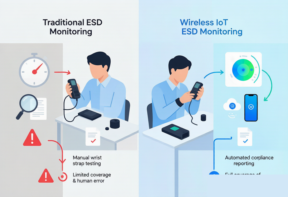 传统ESD检测 vs IoT无线静电监测系统对比图